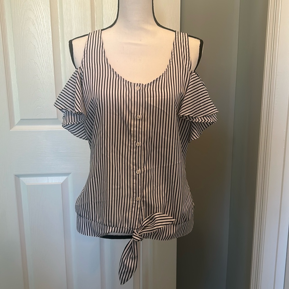 Venus cold shoulder ruffle top. Navy/white stripe. Size medium.